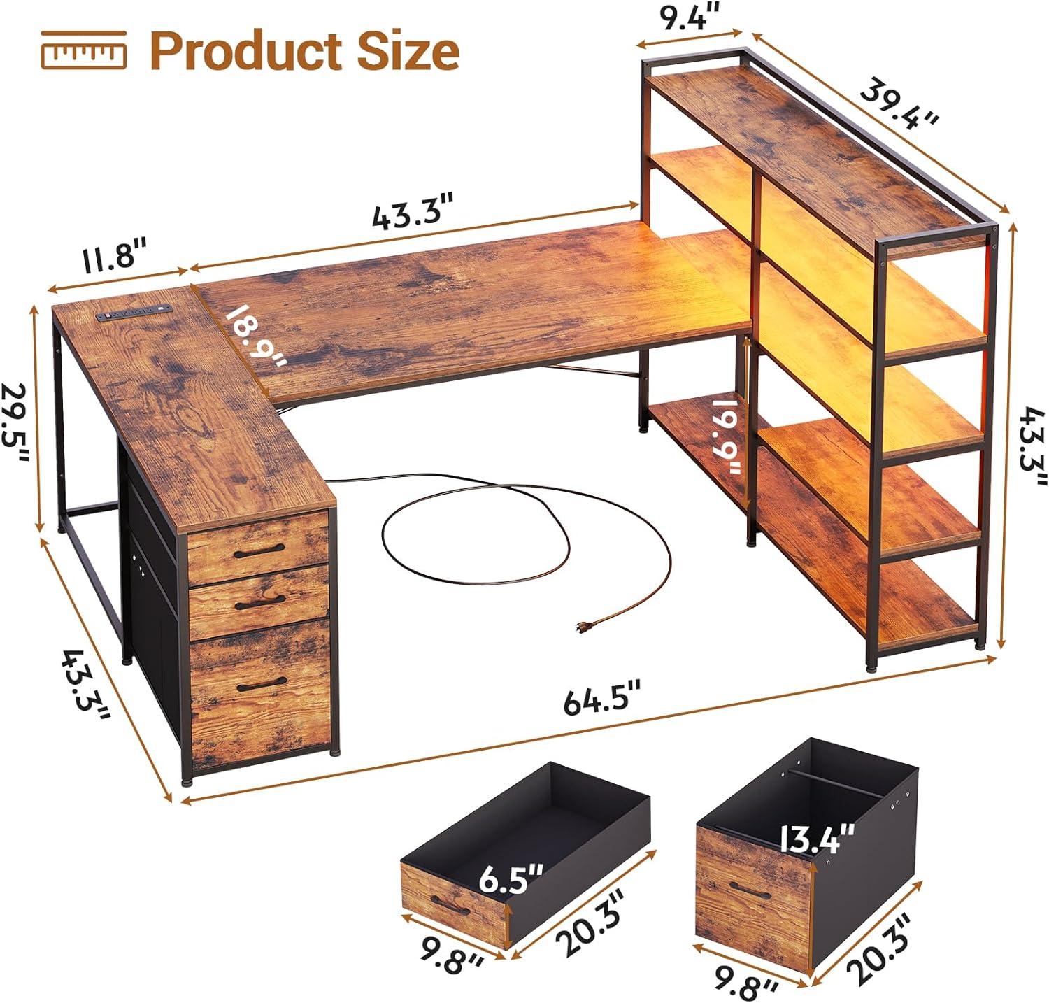 Computer Desk with Drawers, 64.5" Reversible Office Desk with Fabric File Drawer, Corner Computer Desk with Power Outlet & LED Strip and Storage Bookshelf,Rustic Brown