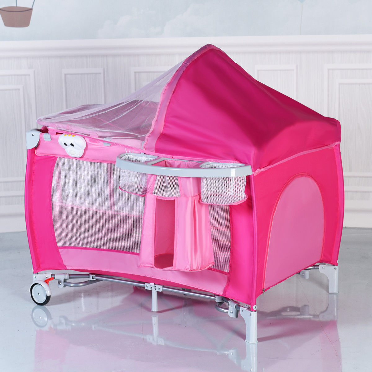 costway foldable baby crib playpen travel infant bassinet bed mosquito net music w bag