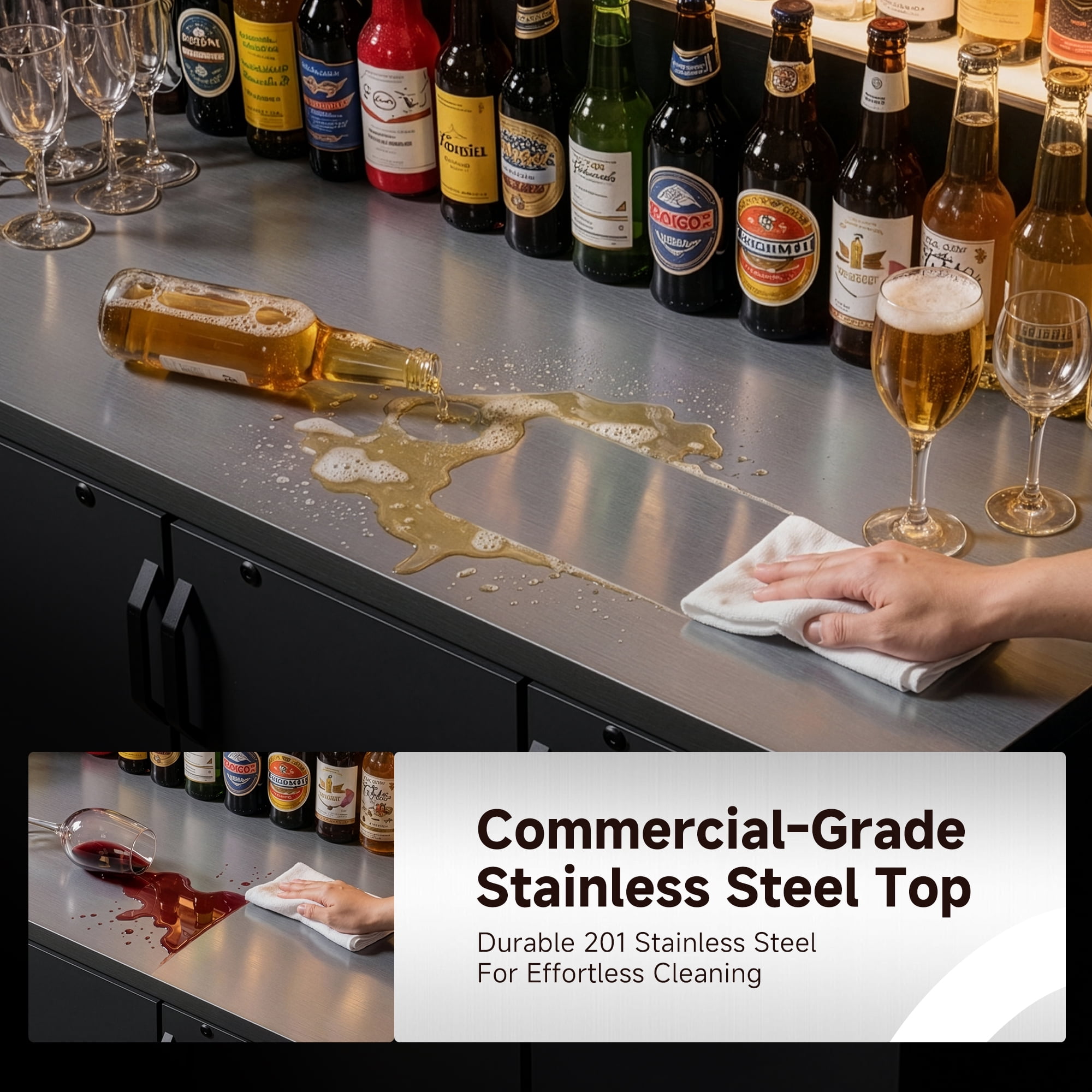 Coolake 72” W Commercial Back Bar Cooler with Stainless Steel Top, 24.2 Cu.Ft Counter Height Back Bar Refrigerator, Solid Door Back Bar Fridge with Led Lighting for Restaurant Buffet Basement Cafe
