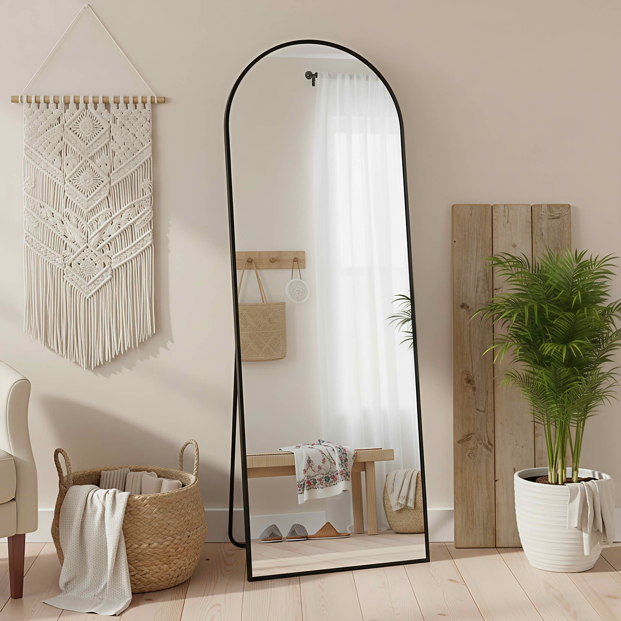 MAYEERTY 56"x18" Aluminum Arch Shape Full-Length Mirror, Tempered Glass With Stand, Black