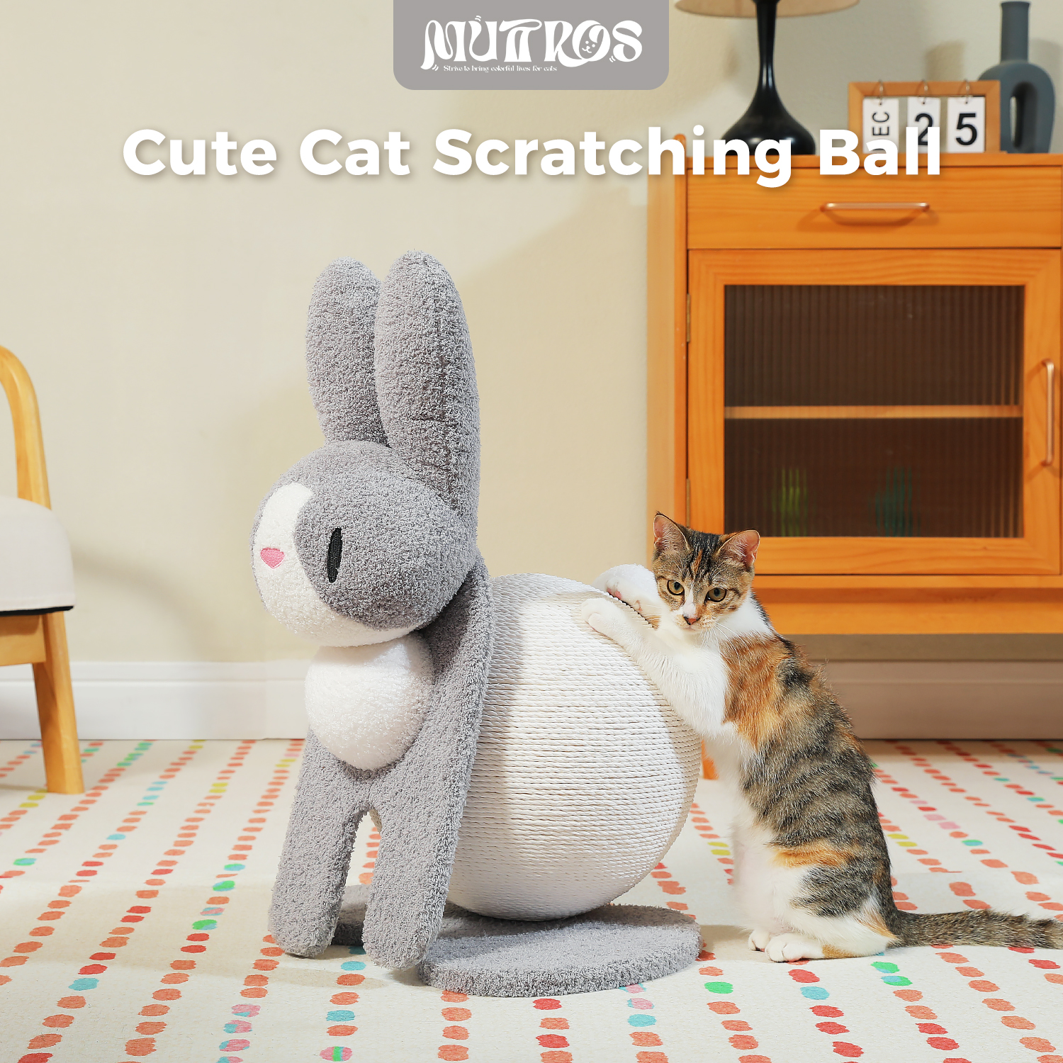 PEQULTI 23" Cute Cat Scratching Post Bunny Style Cat Scratcher with Paper Rope for Indoor Kitten Gray