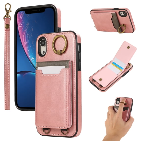 Allytechgroup Wallet Case for iPhone XR with Credit Card Slot, RFID Blocking PU Leather Flip Case with Lanyard & Kickstand Shockproof and Anti-Scratch Bumper for Women Girls, Pink