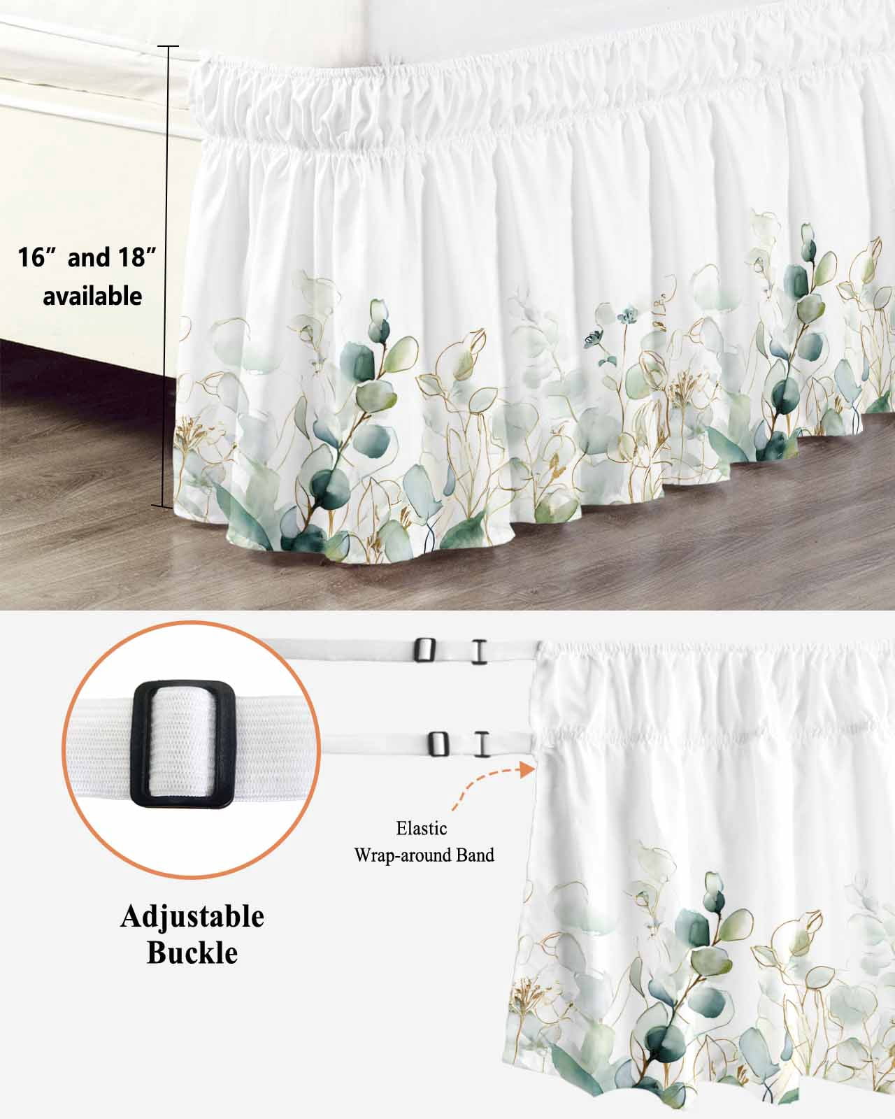 Watercolor Green Leaf Bed Skirt Queen Size 18 Inch Drop, Eucalyptus Leaves Abstract Art Adjustable Elastic Dust Ruffles Bedskirt for Queen Bed Wrap Around Pleated Mattress Frame Cover