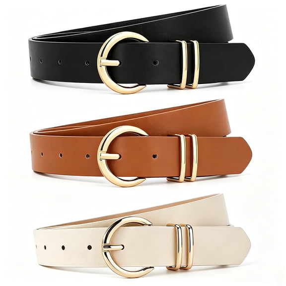 TKRADISH 3 Pack Women's Faux Leather Belts for Jeans - Gold-Tone Double O-Ring Buckle, Multi-Color Waist Belts for Casual & Formal Wear (41-inch)