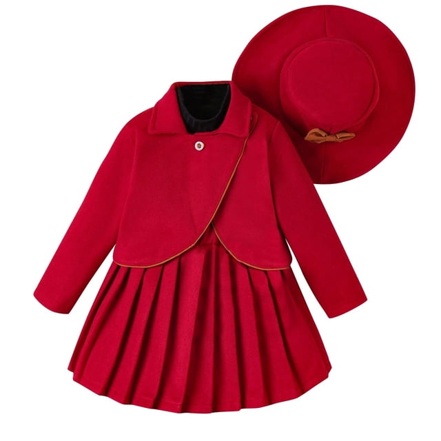 Odeerbi 3-7 Años Conjunto de Algodón Para Niña Chaqueta de Manga Larga Con Falda Plisada Y Sombrero de Copa Conjunto de Tres Piezas Conjunto de Falda