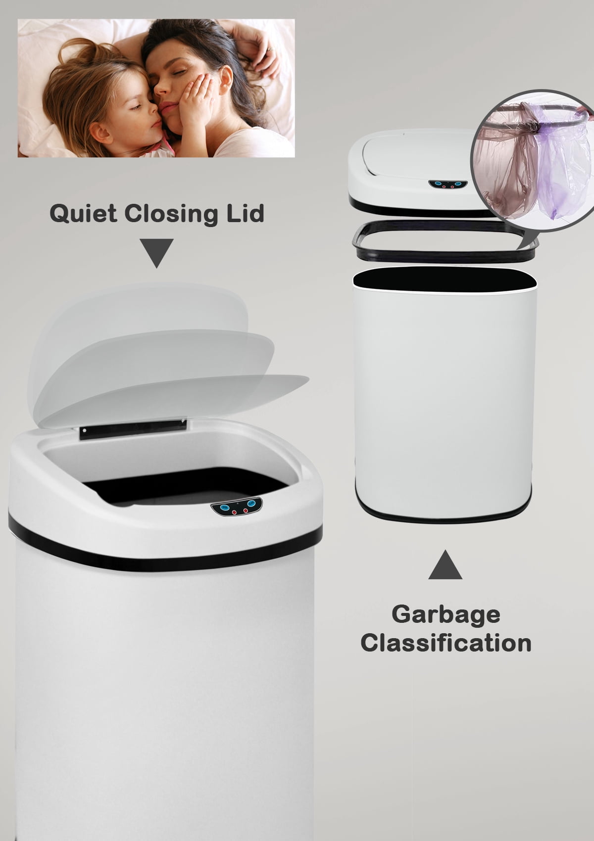 CL.HPAHKL 13 Gallon Kitchen Trash Can with Lid, Stainless Steel Oval Automatic Garbage Can for Home Office Bedroom Living Room Garage, Large Capacity Trash Bin Trashcan, White