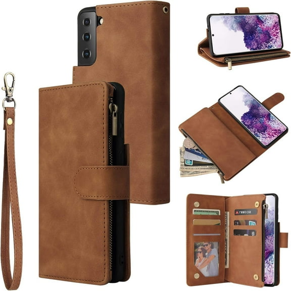 Wallet Case for Samsung Galaxy S21 Plus, Premium Vintage PU Leather Magnetic Closure Handbag Zipper Pocket Case Kickstand Card Holder Slots with Wrist Strap TPU Shockproof Flip Case - Brown