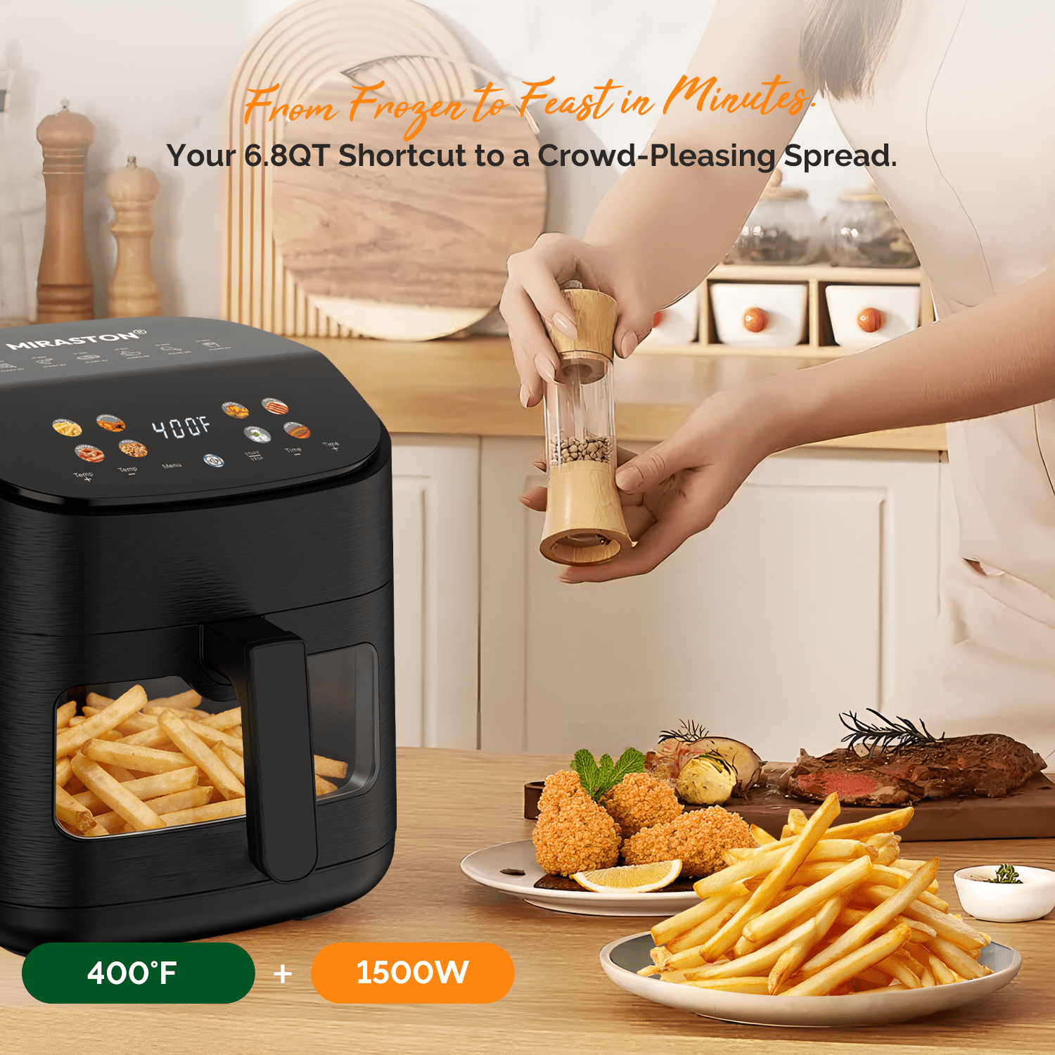 MIRASTON 6.8QT Smart Digital Air Fryer with Visual Window, 8 Presets Recipes for Fast Easy Meal, Snack, Dessert, Dishwasher-Safe, for Family Dinner