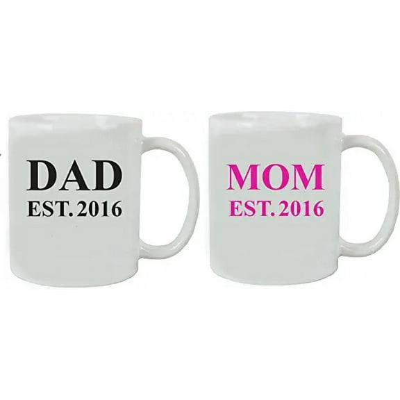 Dad   Mom Established EST. 2016 Ceramic Coffee Mug Set - Great Gift for Expecting Parents
