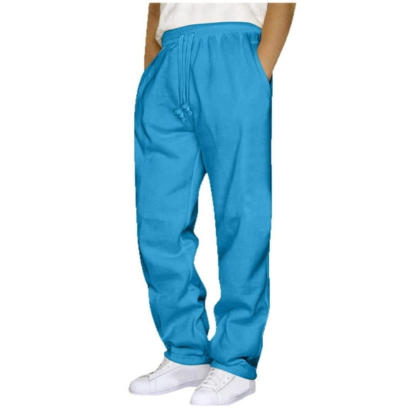 Men's Casual Pants Loose Fit Straight Leg Drawstring Waist Solid Color Trousers with Pockets for Daily Wear and Sports A-Dark Blue L