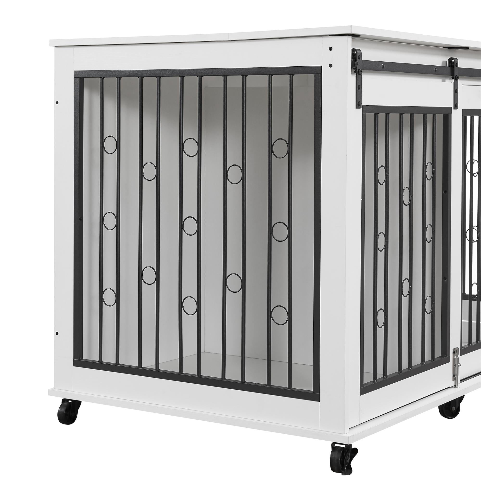 Pefilos 43" Sliding Door Dog Crate with Partition for Two Puppies, Furniture Style Dog Cage with Wheels, Indoor Kennel, White Pefilos 43" Sliding Door Dog Crate with Partition for Two Puppies, Furniture Style Dog Cage with Wheels, Indoor Kennel, White