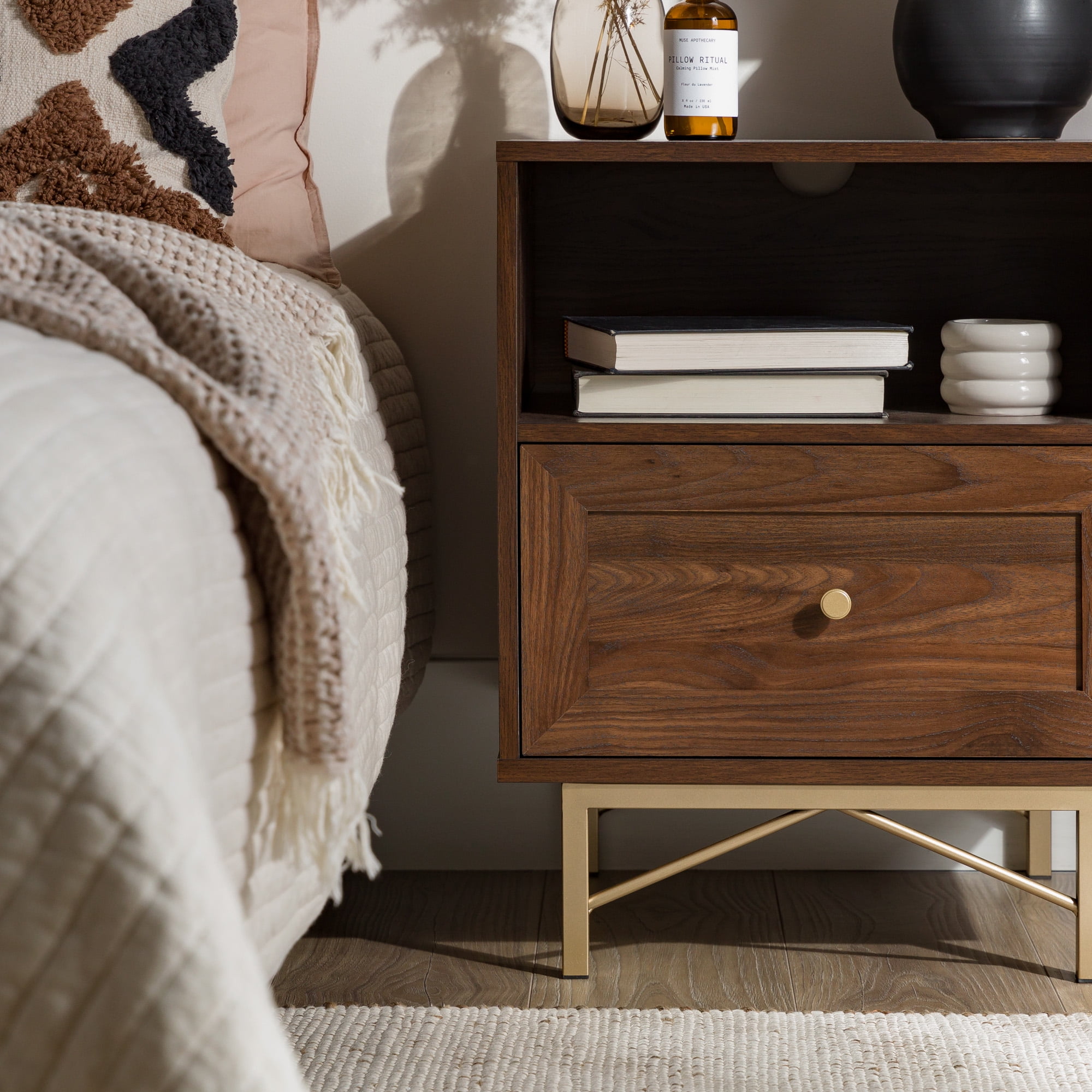 Walker Edison Modern Single Drawer Nightstand, Dark Walnut