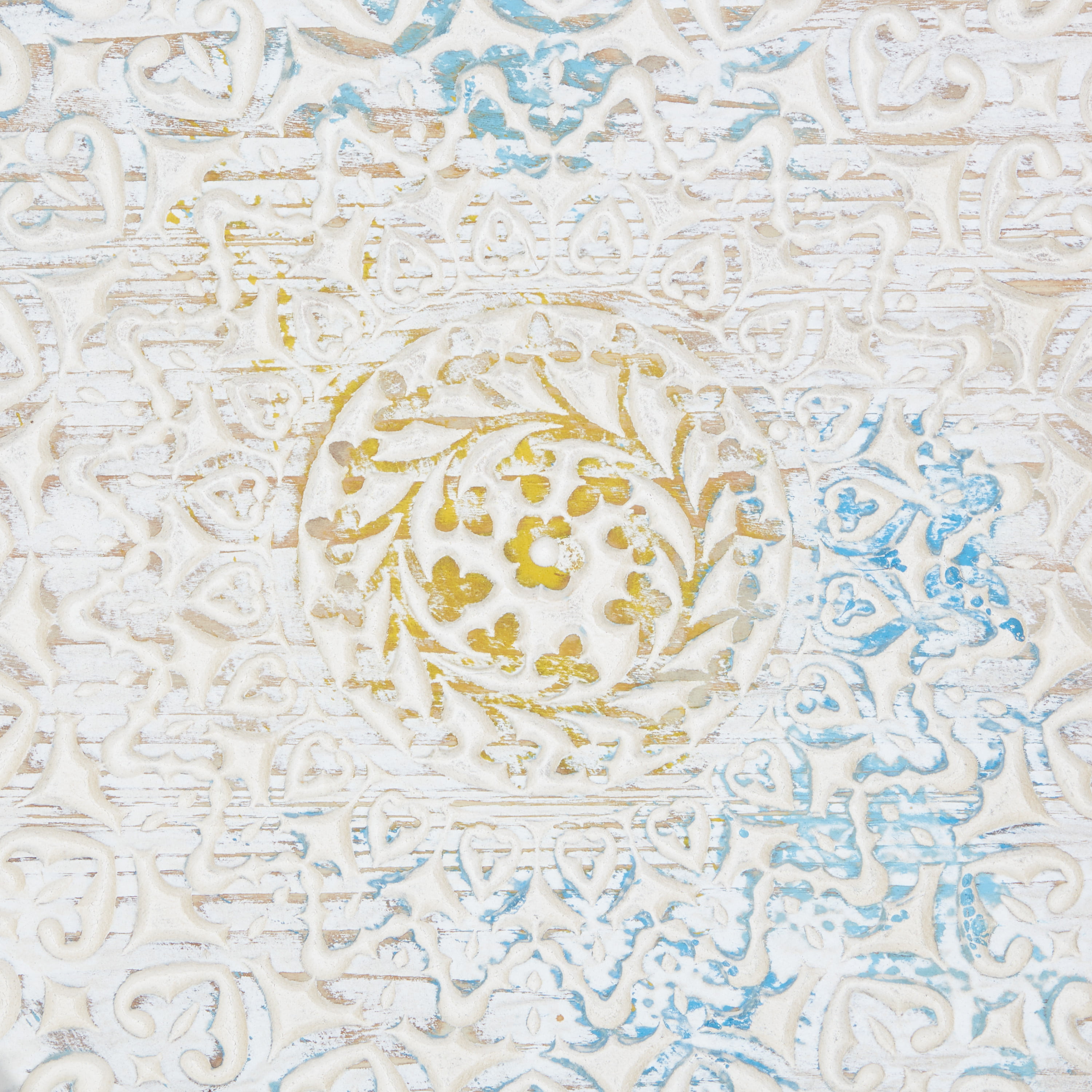DecMode White Wood Intricately Carved Floral Wall Decor with Mandala Design