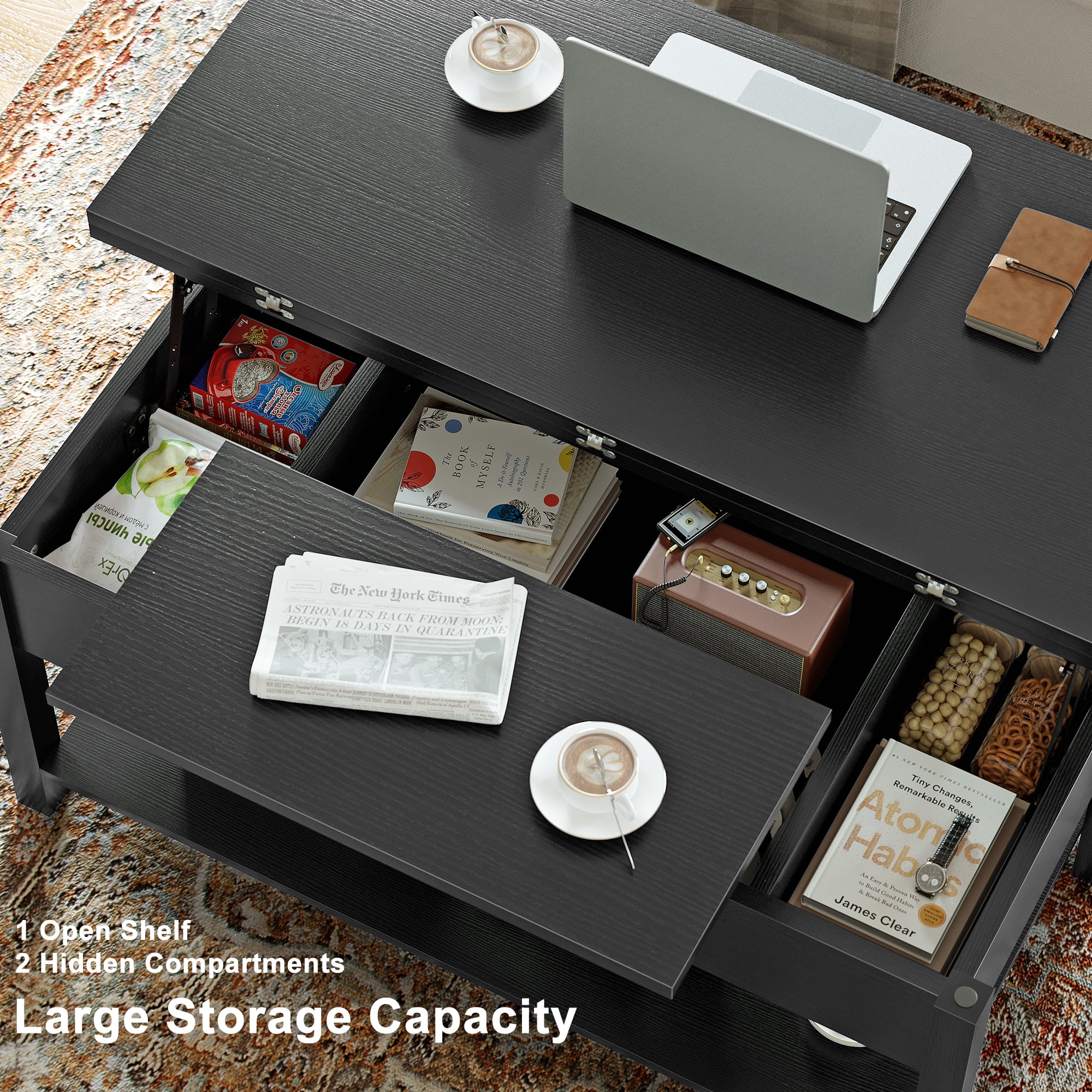 GUNAITO 40.9"Lift Top Coffee Table,4 in 1 Multi-Function Convertible Coffee Table with Hidden Storage Modern Framhouse Coffee Table for Living Room Black