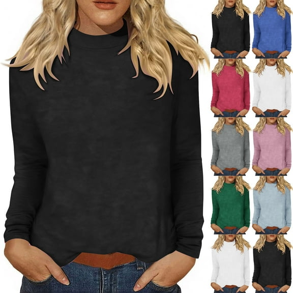 Womens Blouses Dressy Casual Mock Neck Long Sleeve Tops for Women Lightweight Solid Color Turtleneck Pullover Blouses Base Shirts