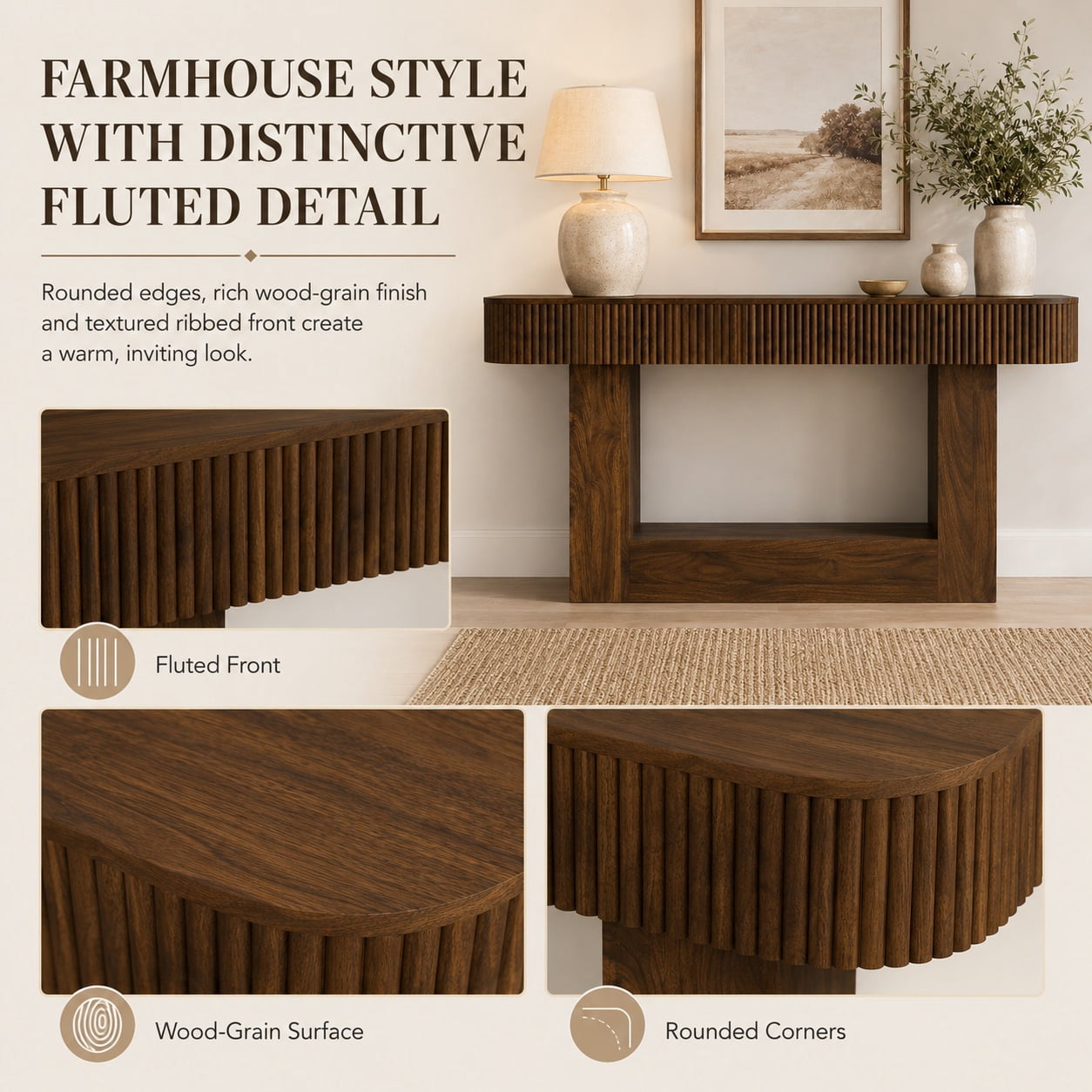 Aukfa 63" Fluted Console Table, Modern Farmhouse Entryway Table Narrow Sofa Table Behind Couch, Walnut