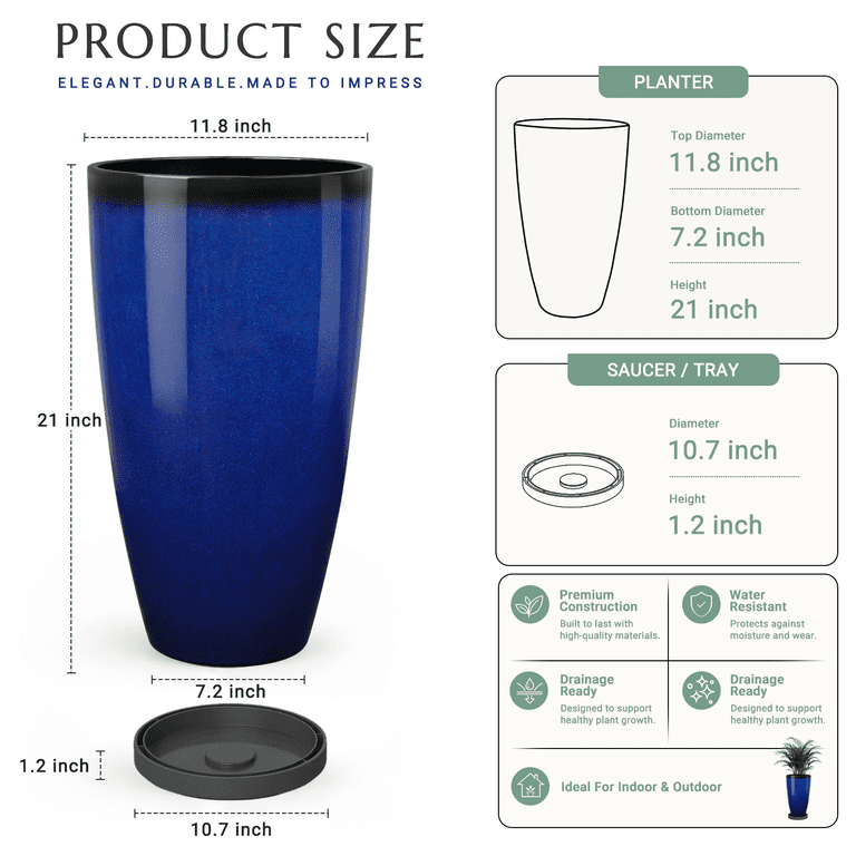 Fiason 2-Pack 21 Inch Tall Blue Ceramic Planters photo 3