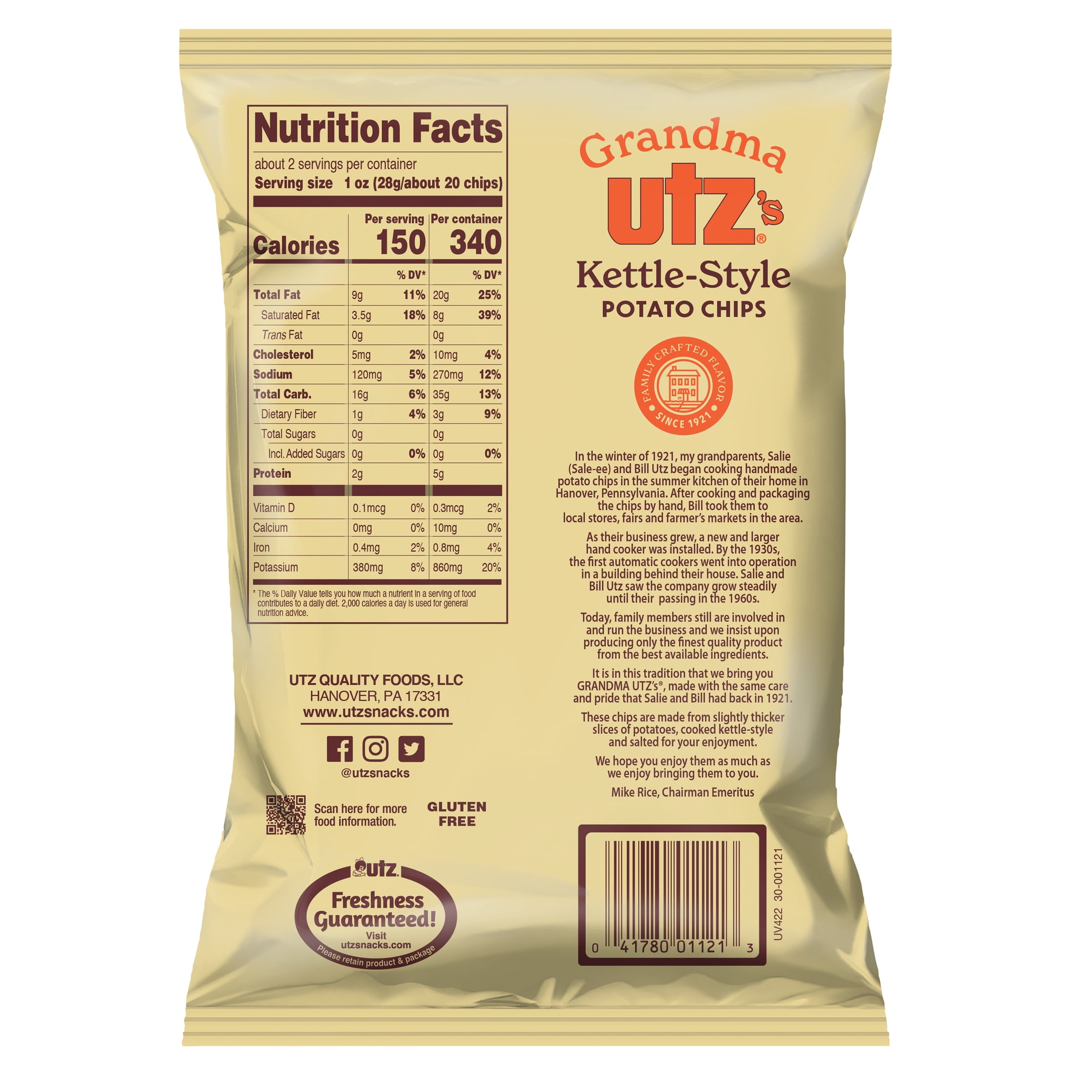 Utz Grandma Utz's Kettle-Style Potato Chips, Gluten-Free, 2.25 oz Bag