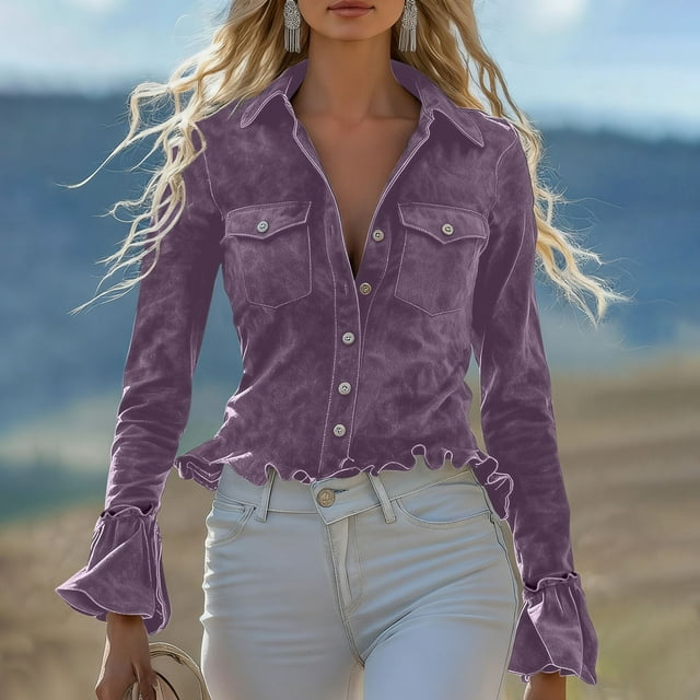 Ounisa Womens Winter Velvet Long Sleeve Button Down Casual Tops Shirts