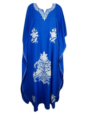 Mogul Womens Kimono Caftan Bright Blue Beautiful Ethnic Floral Embroidered Kashmiri Indian Evening Wear House Dress Maxi Kaftan