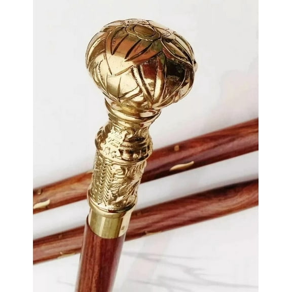 Antique Brass Victorian Handle Wooden Walking Stick Cane, Vintage-Style Designer Cane