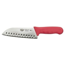 Winco KWP-70R Stl Stamped Cutlery Santoku Knife 7" Stainless Steel Blade, Hollow Granton Edge, Red Plastic Handle