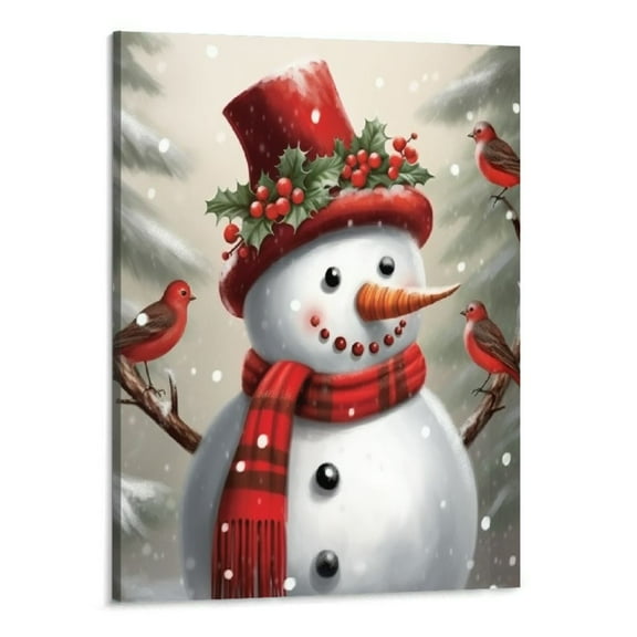 Fenyluxe  Snowman Pictures Decor Wall Art Christmas Canvas Print Winter Snow Landscape for Home Bathroom Kids New Year Gift 16x20 Inch