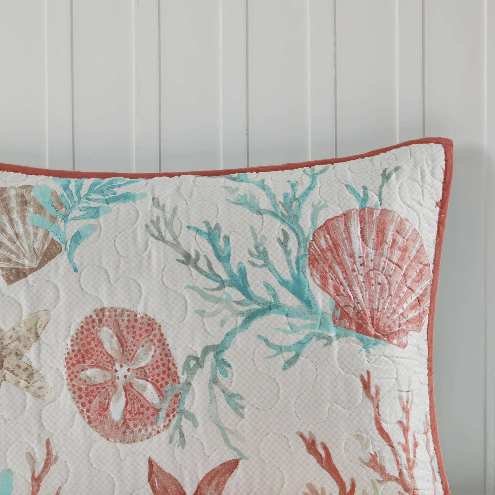 Madison Park Coastal Patterned 6-Piece King/Cal King Reversible Sateen Coverlet Quilt Set, Coral