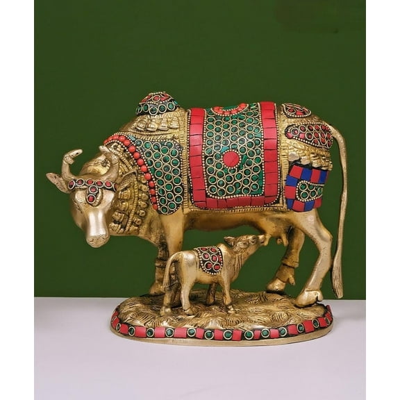 Brass with stone work Kamdhenu Cow with Calf statue idol for home décor/ temple/ gift item