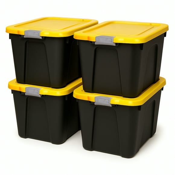 Homz Conteneur de Rangement Durable 22 Gal avec Couvercle à Loquet, Noir/jaune (Lot de 4)