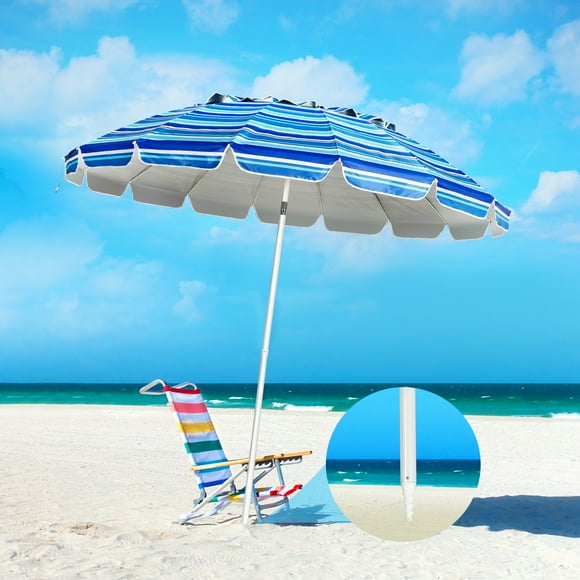 Gymax Parasol de Plage 8 Pi Extérieur pour Patio et Jardin avec Sac de Transport, Ancre de Sable, Bleu Marine