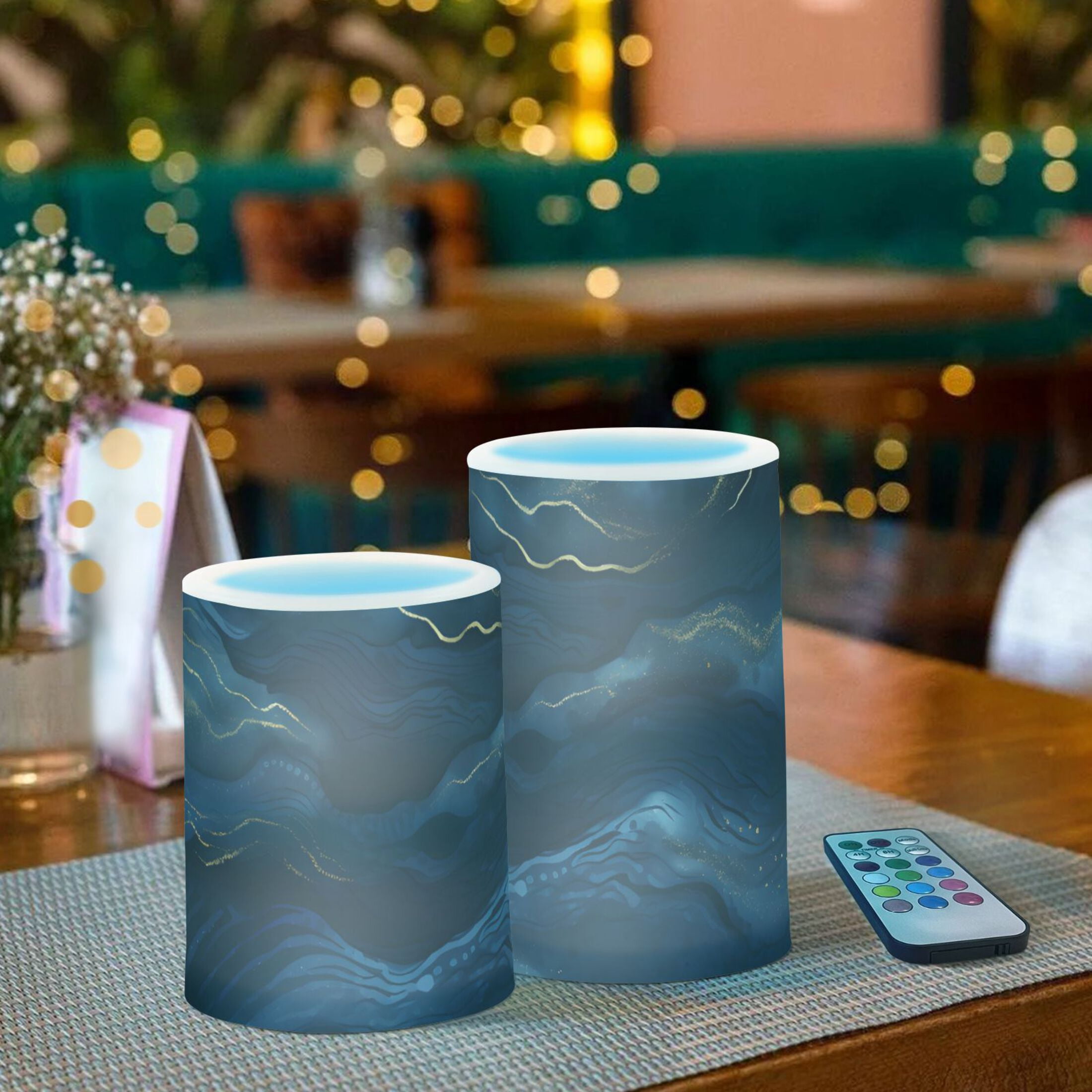 Navy Blue and Gold Marble Flameless Candles with Remote Timer LED Battery Operated Flickering Candle Light for Festival Wedding Home Party