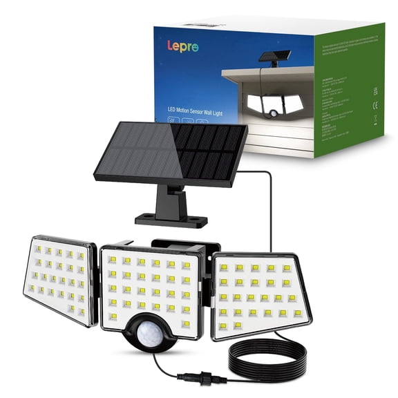 Lepro Solar Lights for Outside, WL5000 Motion Activated Security Lights, Separate Solar Panel, 3 Adjustable Head 270° Wide Lighting Angle, IP65 Waterproof Wall Lamp for Porch Yard Garage