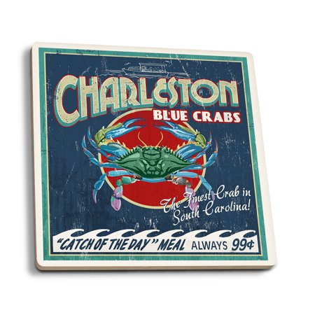

Charleston South Carolina Blue Crabs Vintage Sign (Absorbent Ceramic Coasters Set of 4 Matching Images Cork Back Kitchen Table Decor)