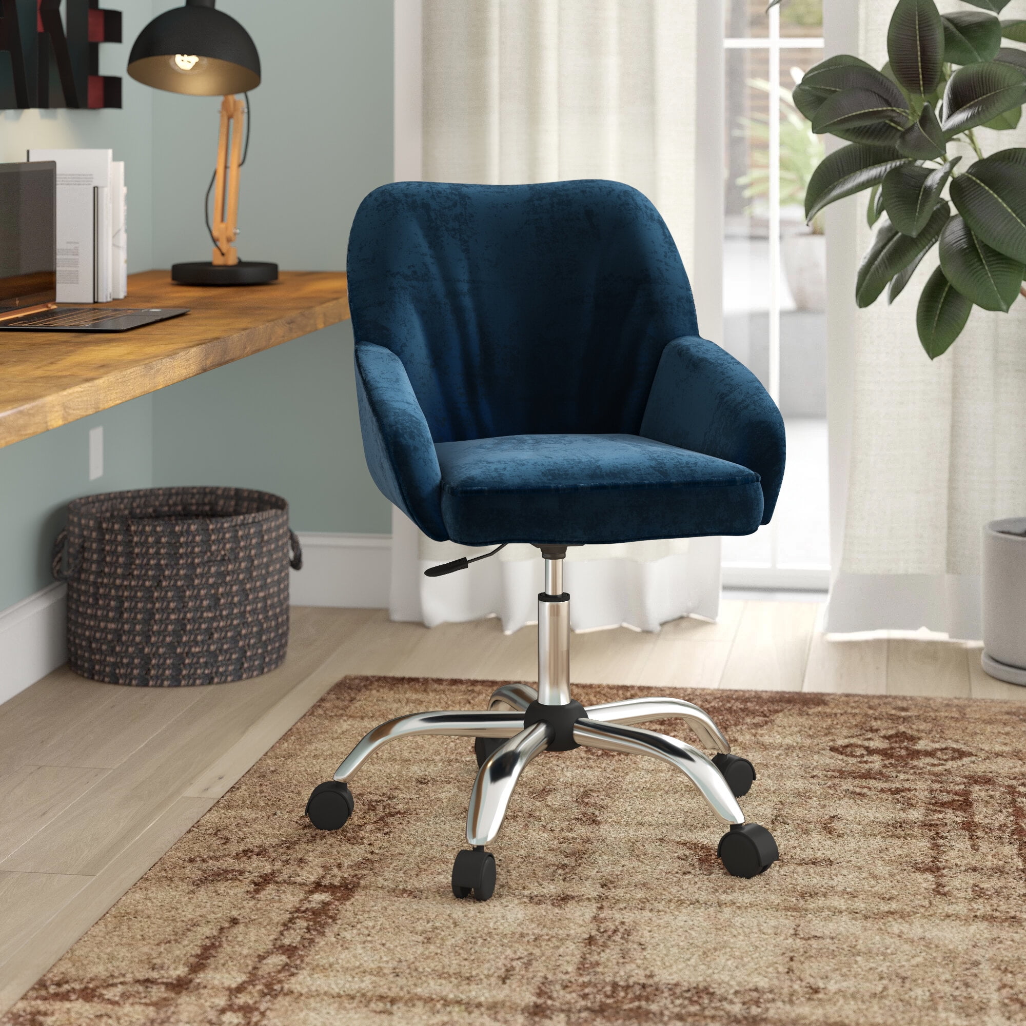 Office Chair Mid-Back Desk Task Velvet Seat Backrest Support With Wheels Blue US 