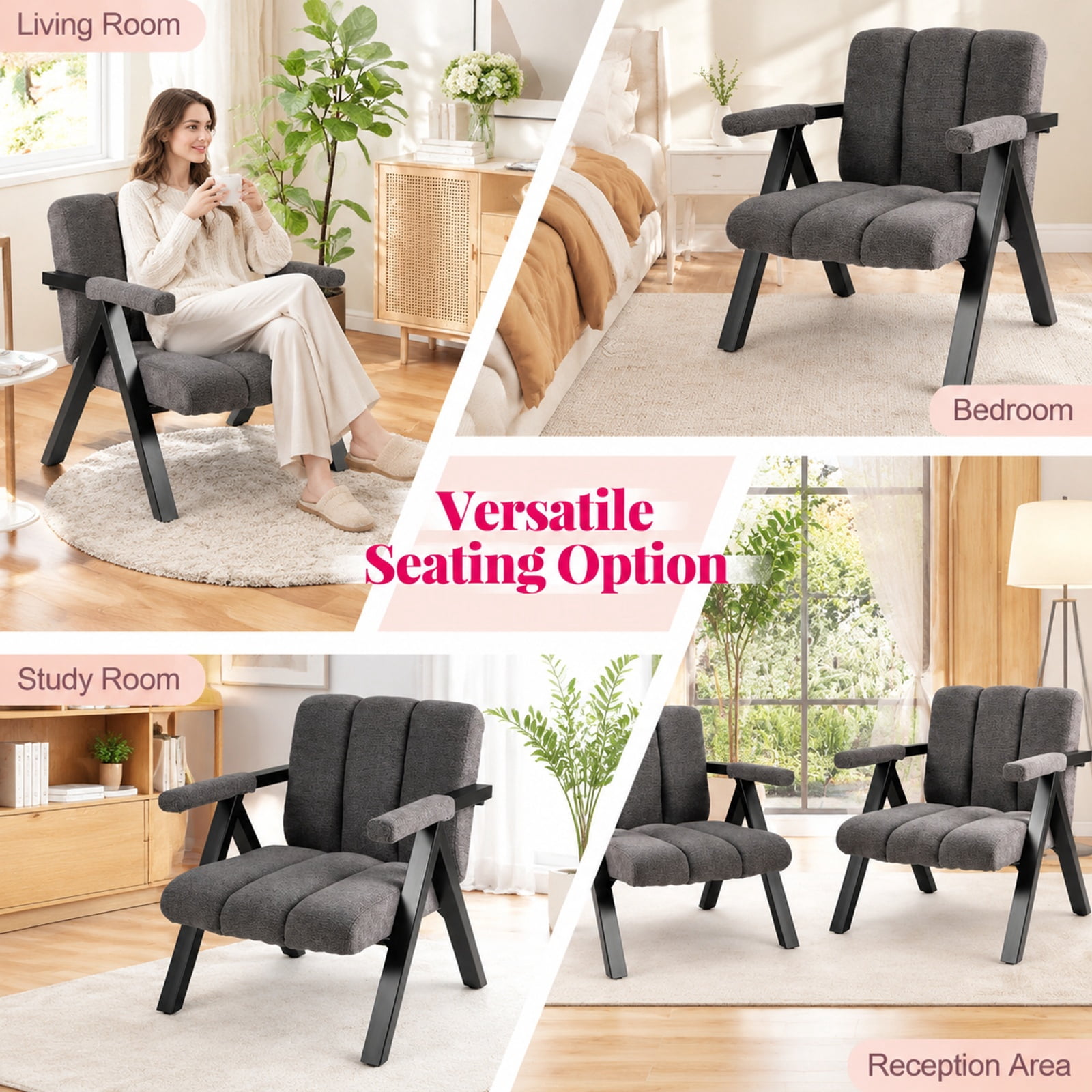 Furnibear Oversized Accent Chair with Powder Coated Metal Frame Contoured Backrest and Washable Armrest Cover for Living Room and Office, Gray