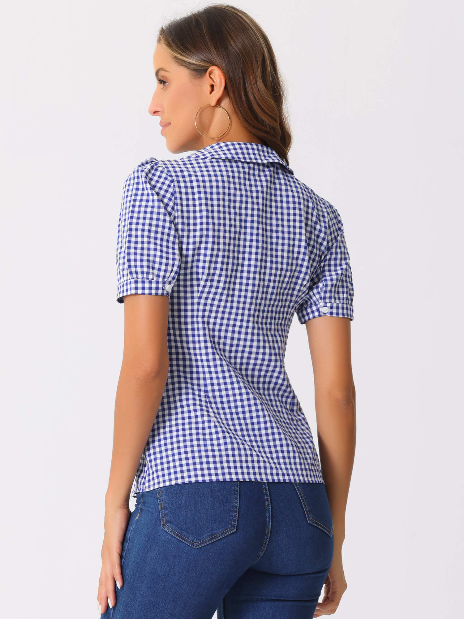 DARING DIVA Women's Plaid Button Down Puff Peter Pan Collar Shirt M Blue