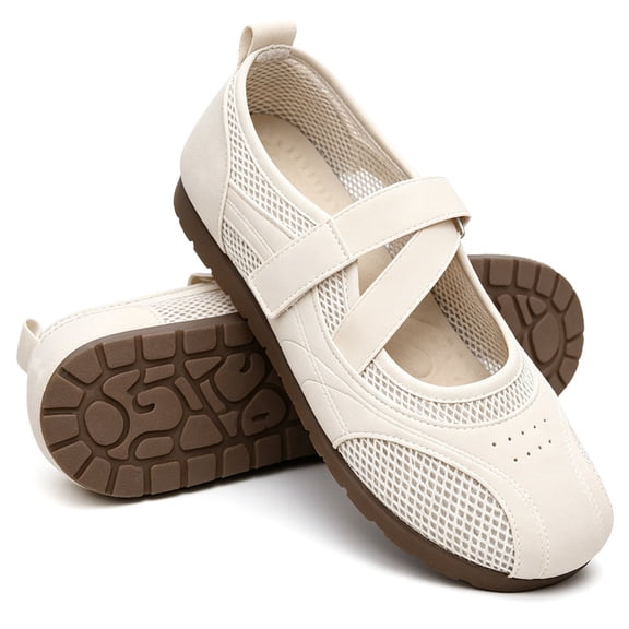 CHICVOMEY Flats for Women Breathable Mesh Mary Jane Flats for Women Casual & Work Ballet Flats Slip On Shoes with Velcro Strap