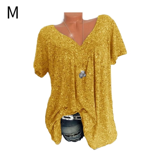 Camiseta de mujer con cuello en V, manga corta, camiseta de verano informal estampada, amarillo, M sidaley AP001653-26