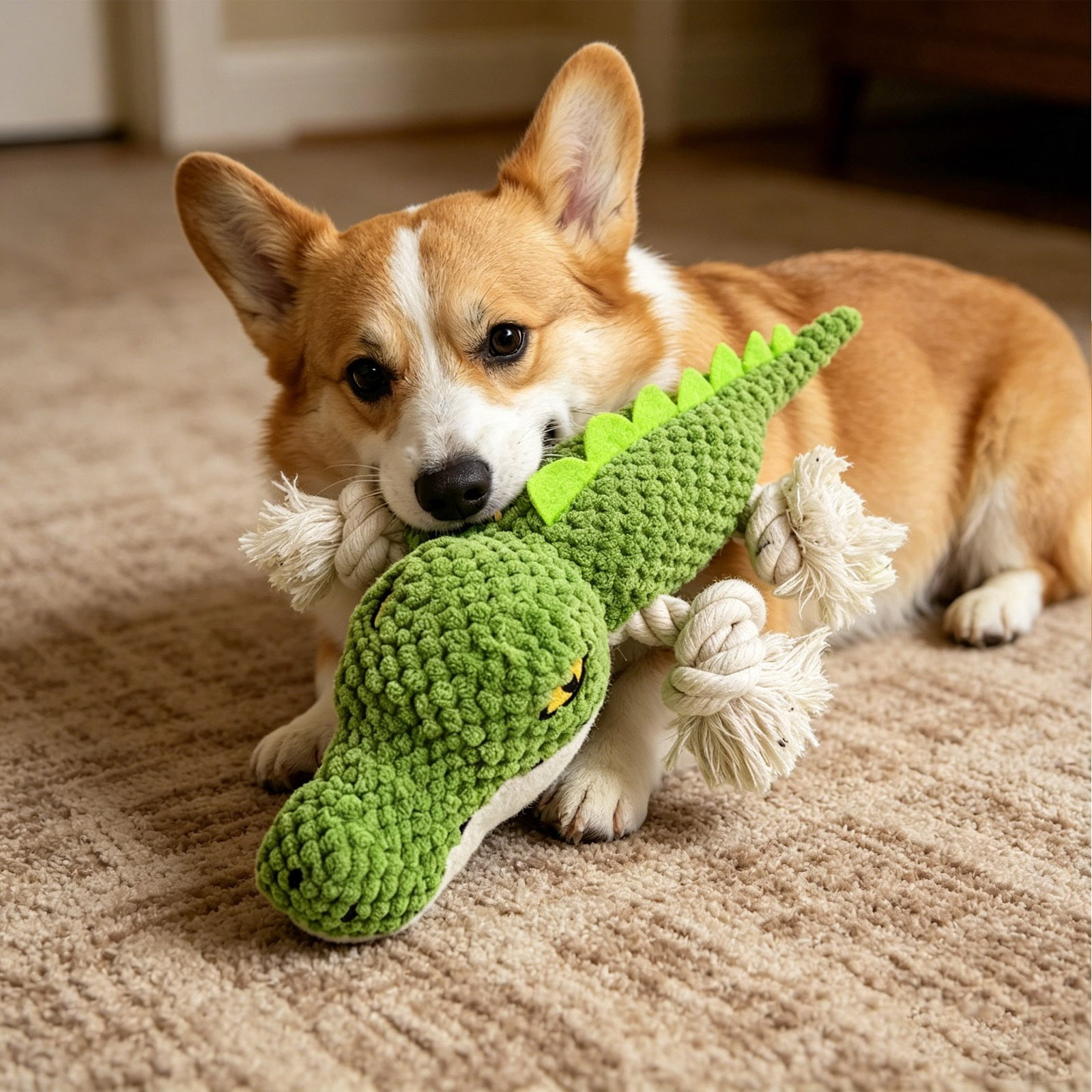 Squeaky Dog Toy Crocodile-Shaped Chew Toy with Rope Legs Plush Teething Toy Interactive Tug of War Toy for Small to Medium Dog Puppy