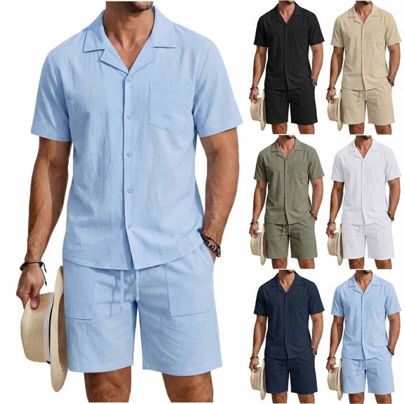 Linen Sets for Men Button Down Cuban Guayabera Shirt with Pocket Shorts Set 2 Piece Cotton Linen Outfits Big and Tall Size S-3XL White