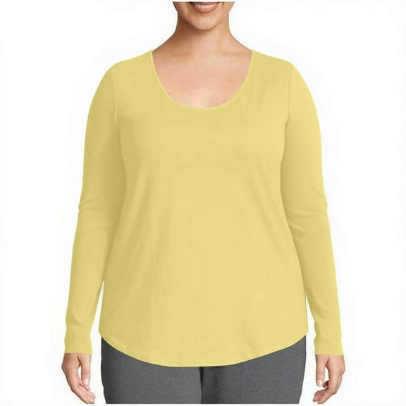 Cotton Long Sleeve Tops for Women Plus Size S-5X Classic Fit Round Neck Plain Tshirts Casual Fall Base Tees (XL, Yellow)