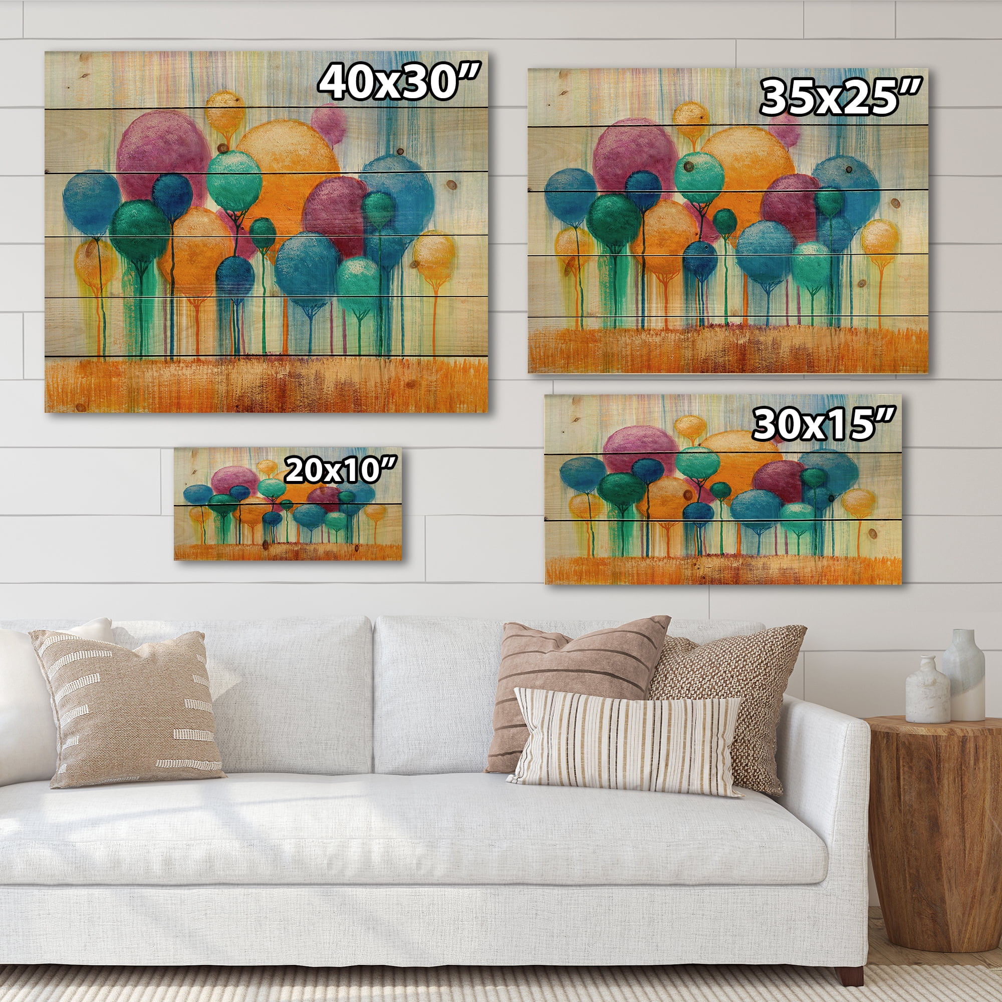 Designart 'Ornamental Colourful Trees IV' Modern Print on Natural Pine Wood