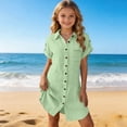 thumbnail image 6 of Virmaxy 3-12 Years Solid Color Crinkle Shirt Dress Rolled Sleeve Button Down Collared Casual Dress for Beach Vacation and Daily Wear, 6 of 8