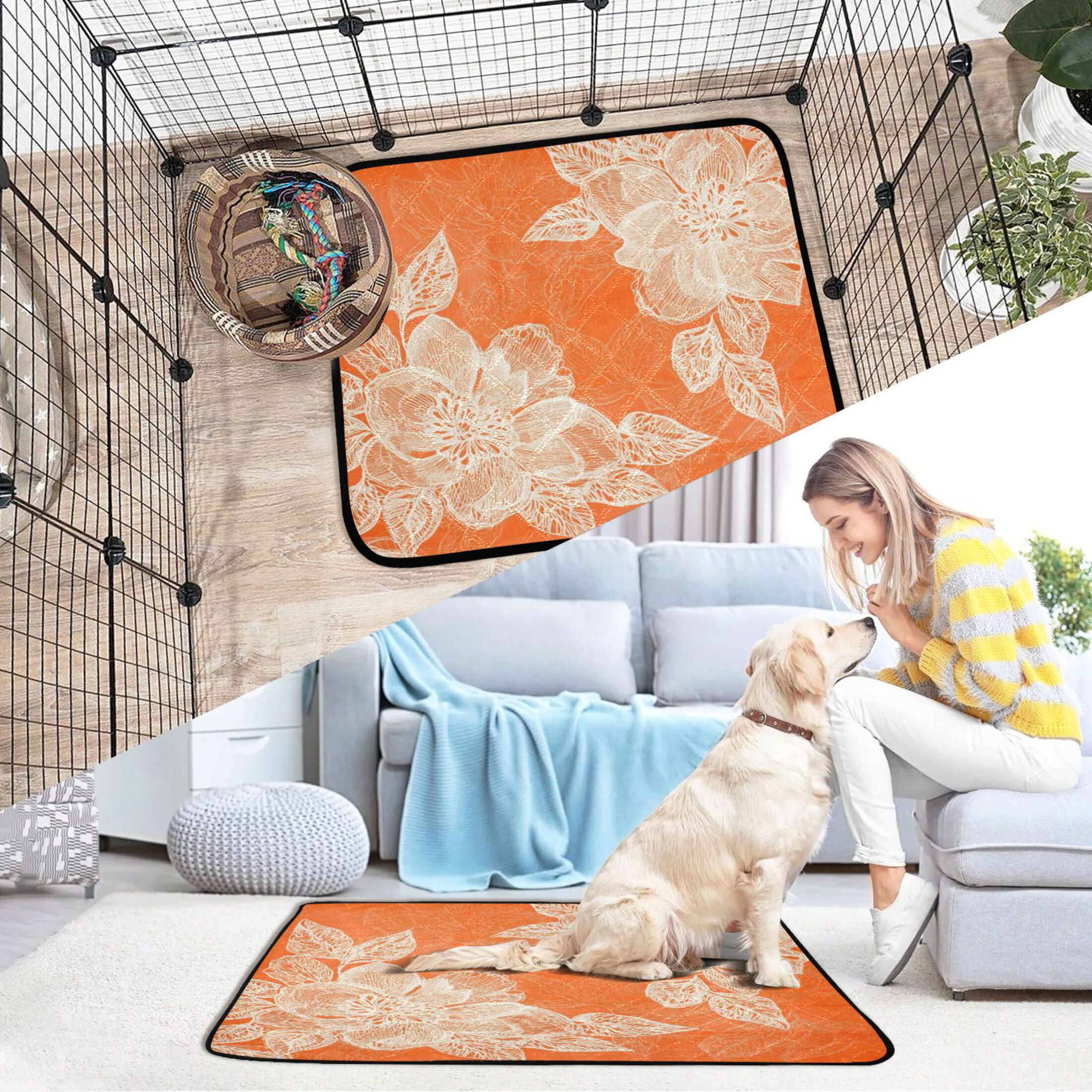 Qxltty Peach Lace Pattern on Orange Background Cat litter Pads Pet Set of 2 Diaper Mats Center Anti-leakage Layer Absorbent Soft and Comfortable