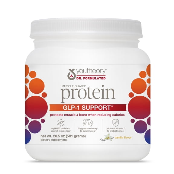 Youtheory Muscle Guard Protein GLP-1 Support - Whey Protein Powder Supplement - for GLP-1 Users - Supports Muscle & Bone - with myHMB, Calcium & Vitamin D - 20.5 oz Powder