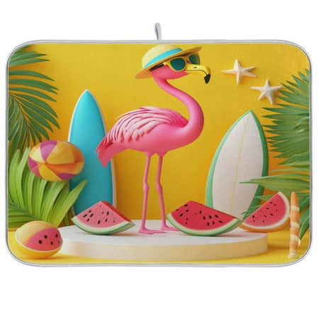 

A Pink Flamingo Dish Drying Mat Kitchen Mats Microfiber Counter Absorbent Dish Pad Drainer Rack