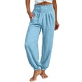 thumbnail image 3 of Women's Linen Barrel Harem Pants Wide Leg High Waisted with Pockets Beach Casual, 3 of 9
