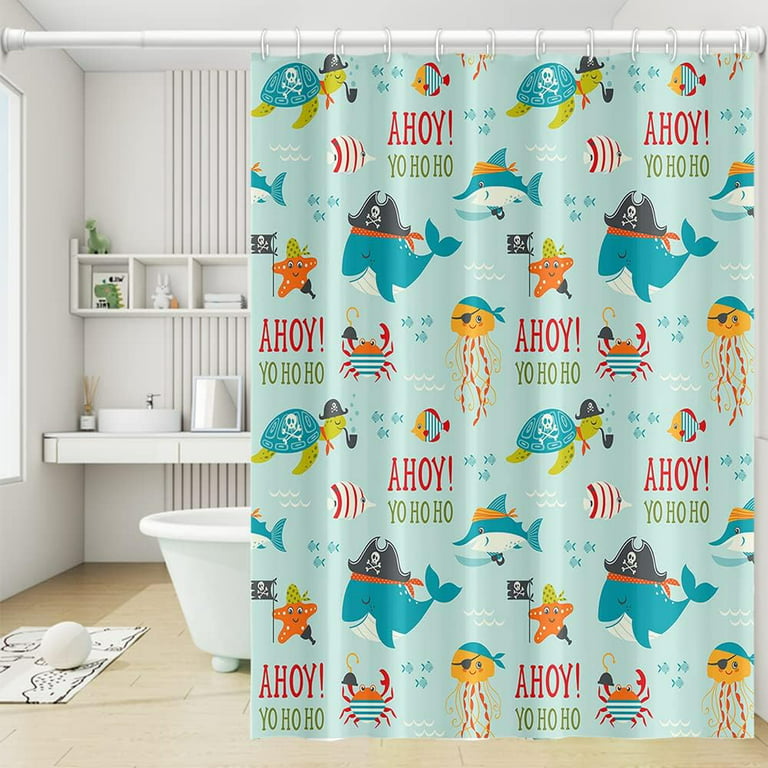 Joocar Nautical Shower Curtains for Kids Boy Bathroom Decor Underwater Ocean Fish Funny Marine Animal Pirate Themed Shower Curtain Durable Machine