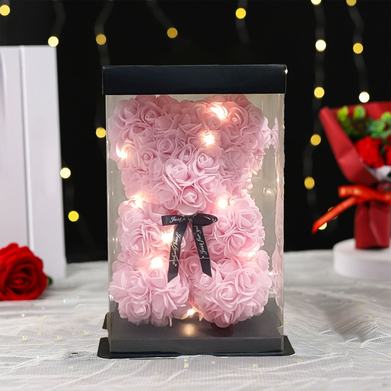 Lksixu Rose Flower Bear, Valentine's Gifts for Her Artificial Rose Flowers Teddy Bear with Lights and Box, Romantic Handmade Foam Flowers Bear Statues for Christmas Birthday Valentine's Day